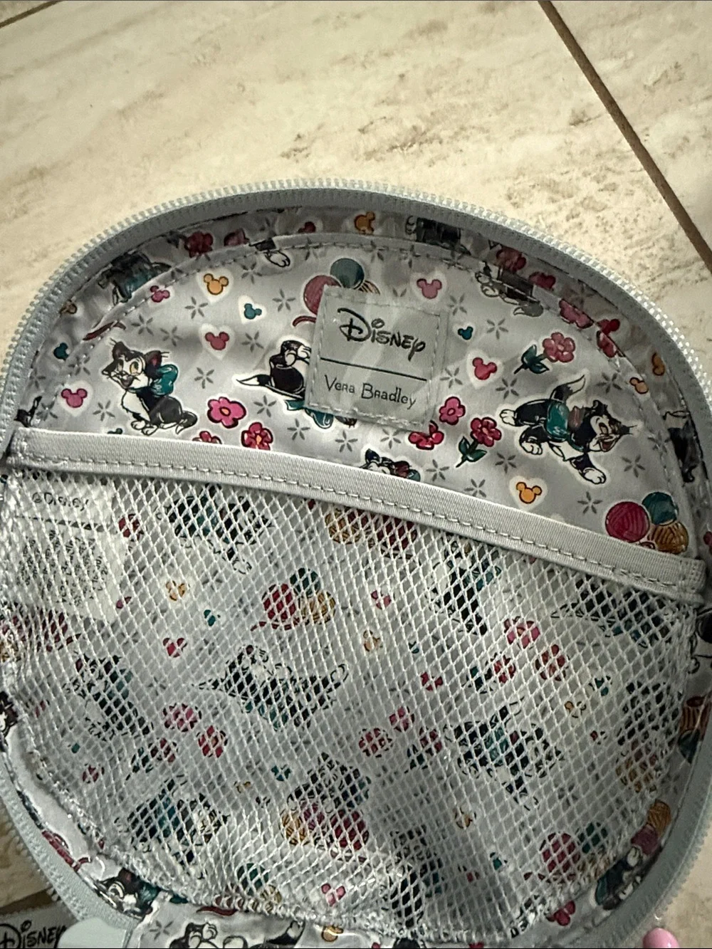 Vera Bradley cosmetic Grey Paisley Mickey, Minnie & Pluto Round Case